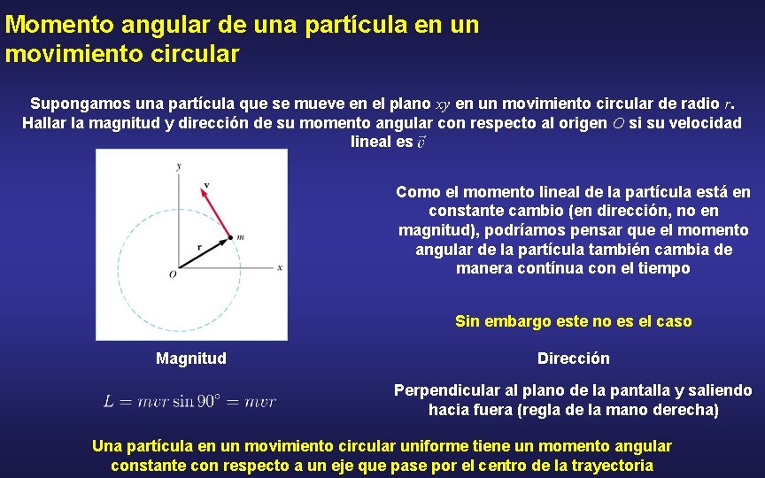 Momento angular de una partícula en un movimiento circular Supongamos una partícula que se