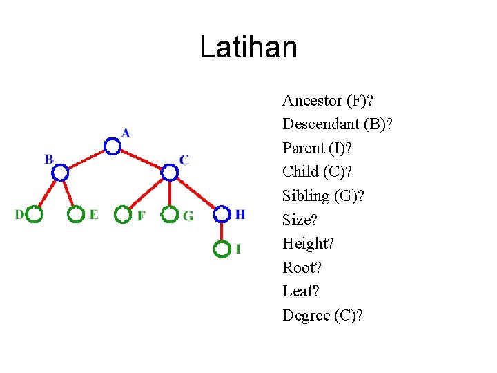 Latihan Ancestor (F)? Descendant (B)? Parent (I)? Child (C)? Sibling (G)? Size? Height? Root?