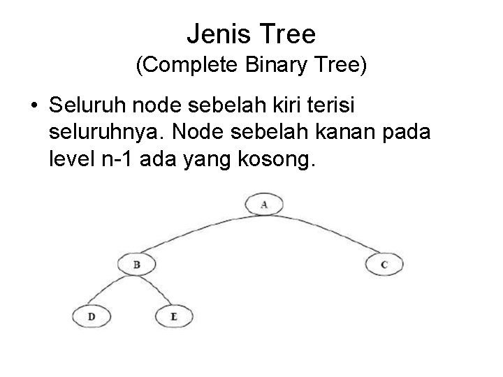 Jenis Tree (Complete Binary Tree) • Seluruh node sebelah kiri terisi seluruhnya. Node sebelah