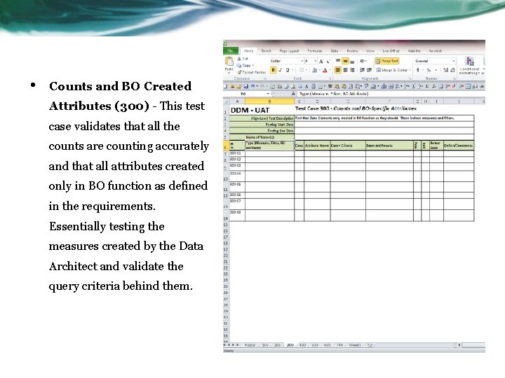  • Counts and BO Created Attributes (300) - This test case validates that