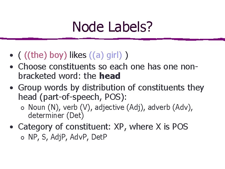 Node Labels? • ( ((the) boy) likes ((a) girl) ) • Choose constituents so