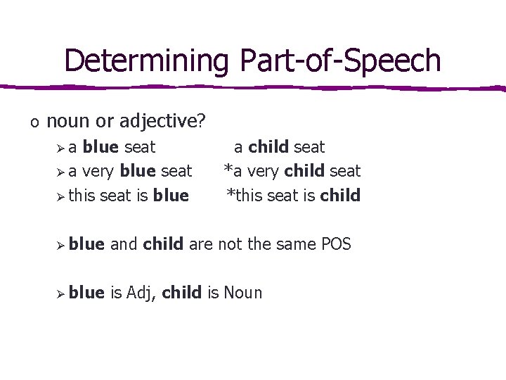 Determining Part-of-Speech o noun or adjective? Øa blue seat Ø a very blue seat