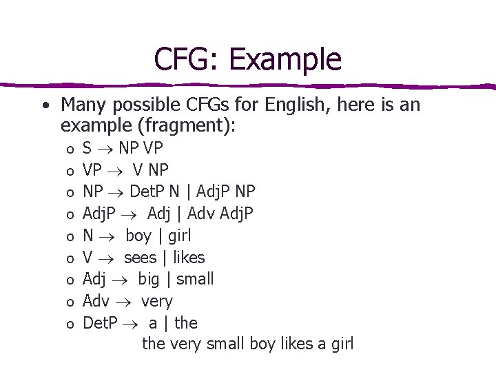 CFG: Example • Many possible CFGs for English, here is an example (fragment): o