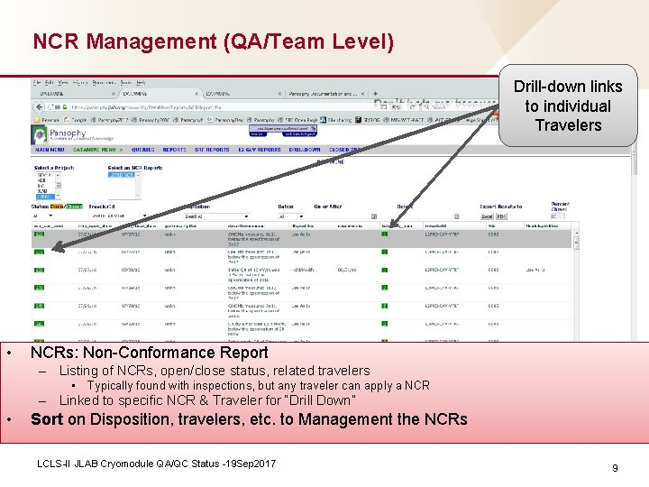 NCR Management (QA/Team Level) Drill-down links to individual Travelers • NCRs: Non-Conformance Report –