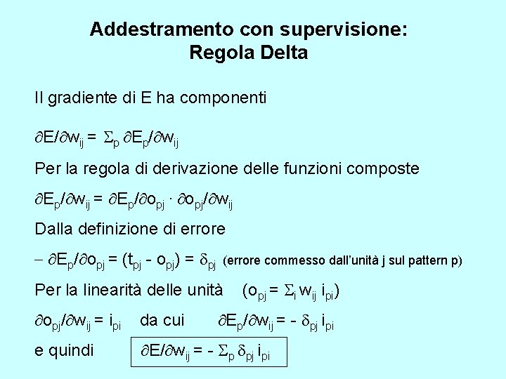 Addestramento con supervisione: Regola Delta Il gradiente di E ha componenti ¶E/¶wij = Sp