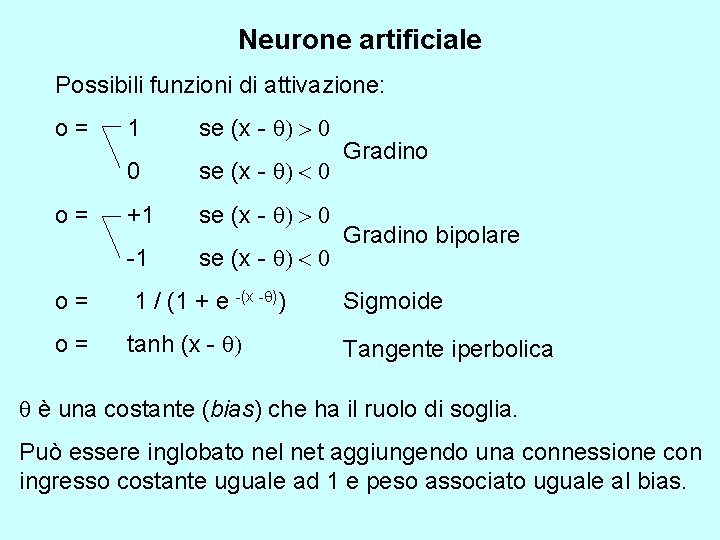 Neurone artificiale Possibili funzioni di attivazione: o= o= 1 se (x - q) >