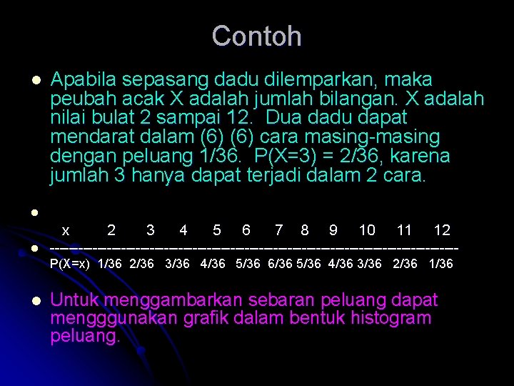 Contoh l l l Apabila sepasang dadu dilemparkan, maka peubah acak X adalah jumlah