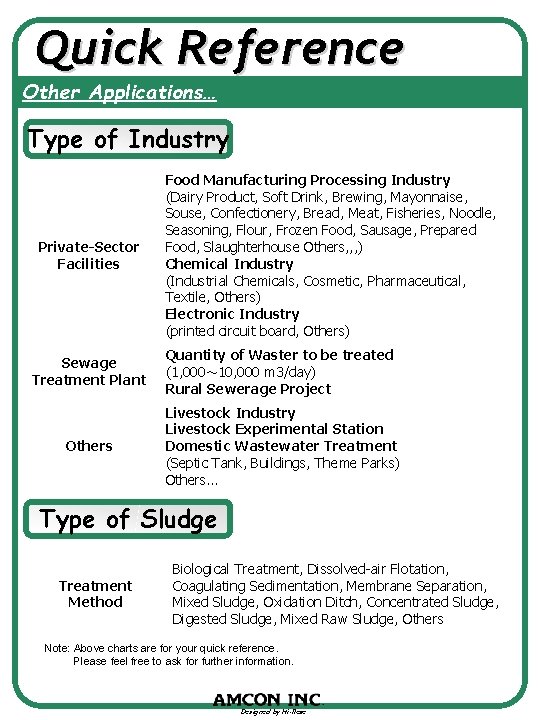 Quick Reference Other Applications… Type of Industry Private-Sector Facilities Food Manufacturing Processing Industry (Dairy