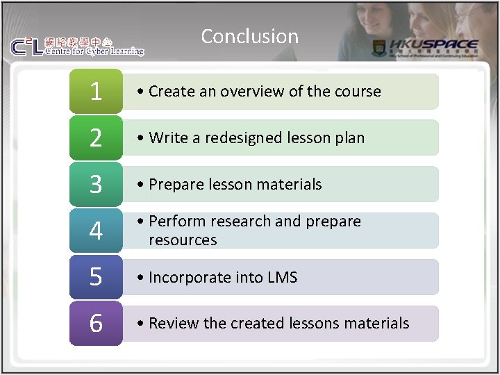 Conclusion 1 • Create an overview of the course 2 • Write a redesigned