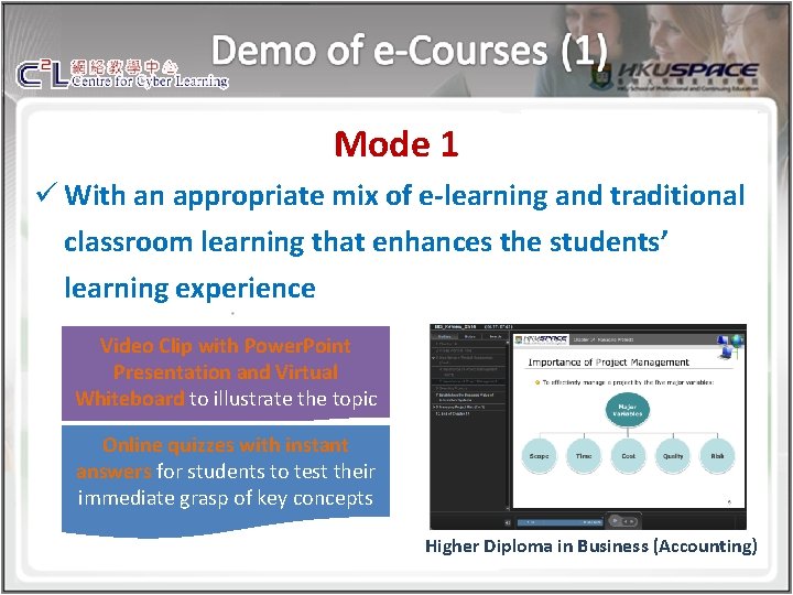 Mode 1 ü With an appropriate mix of e-learning and traditional classroom learning that