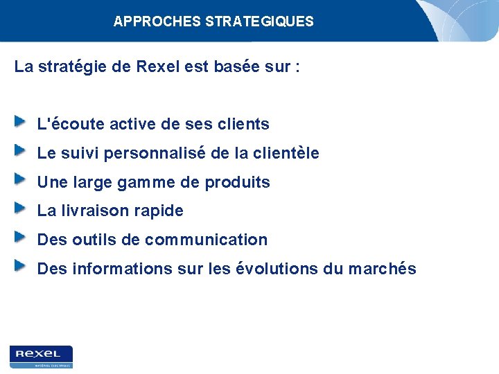 APPROCHES STRATEGIQUES La stratégie de Rexel est basée sur : L'écoute active de ses