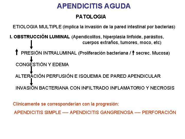 APENDICITIS AGUDA PATOLOGIA ETIOLOGIA MULTIPLE (implica la invasión de la pared intestinal por bacterias)