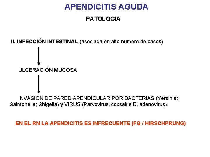 APENDICITIS AGUDA PATOLOGIA II. INFECCIÓN INTESTINAL (asociada en alto numero de casos) ULCERACIÓN MUCOSA