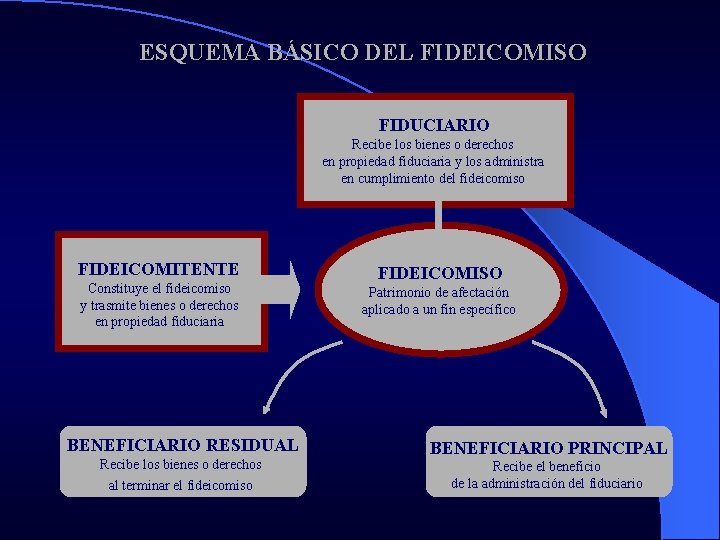 ESQUEMA BÁSICO DEL FIDEICOMISO FIDUCIARIO Recibe los bienes o derechos en propiedad fiduciaria y