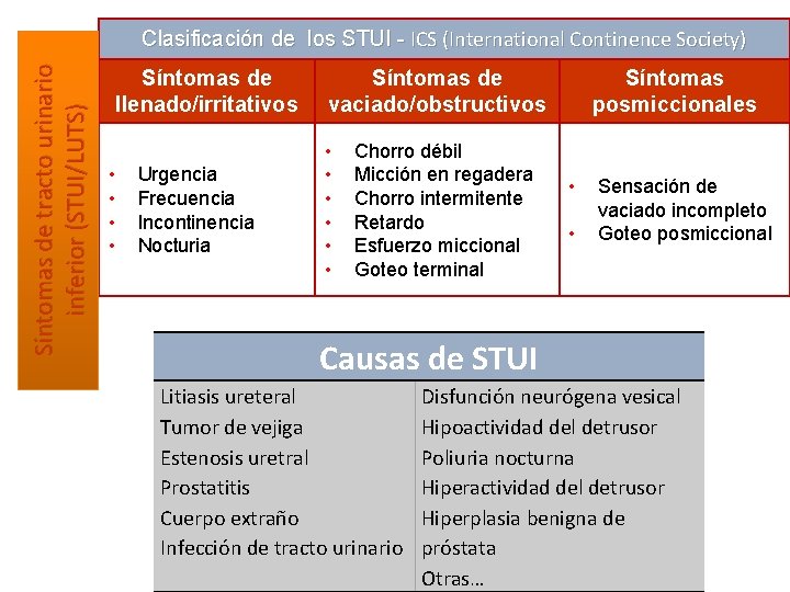 Síntomas de tracto urinario inferior (STUI/LUTS) Clasificación de los STUI - ICS (International Continence