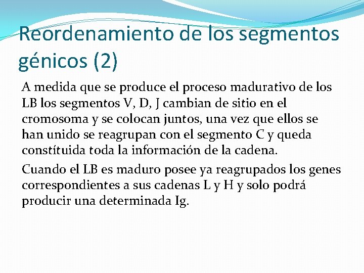 Reordenamiento de los segmentos génicos (2) A medida que se produce el proceso madurativo