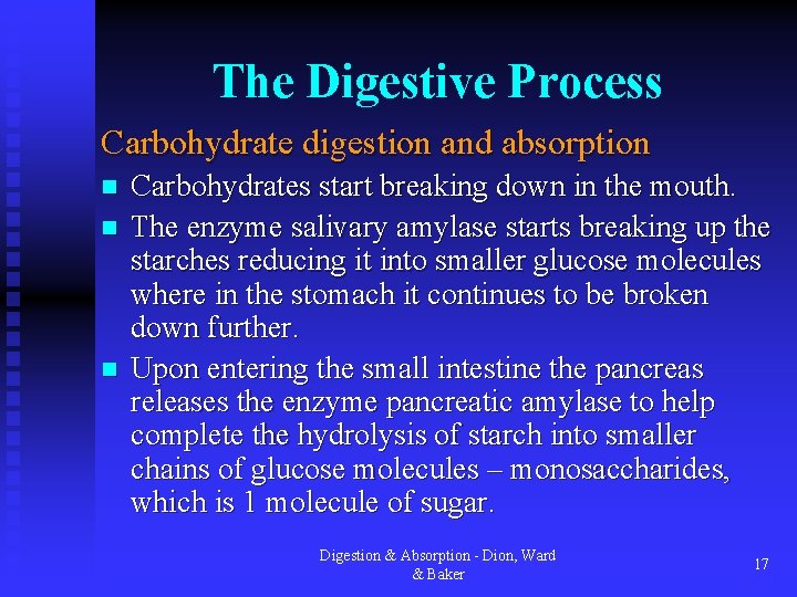 The Digestive Process Carbohydrate digestion and absorption n Carbohydrates start breaking down in the