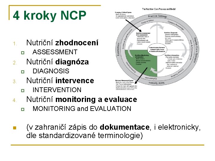 4 kroky NCP Nutriční zhodnocení 1. p Nutriční diagnóza 2. p DIAGNOSIS Nutriční intervence
