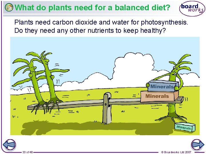 What do plants need for a balanced diet? Plants need carbon dioxide and water