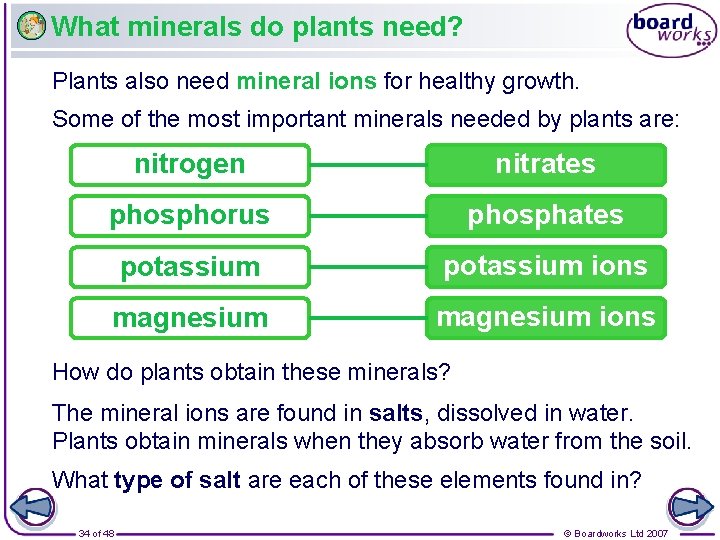 What minerals do plants need? Plants also need mineral ions for healthy growth. Some