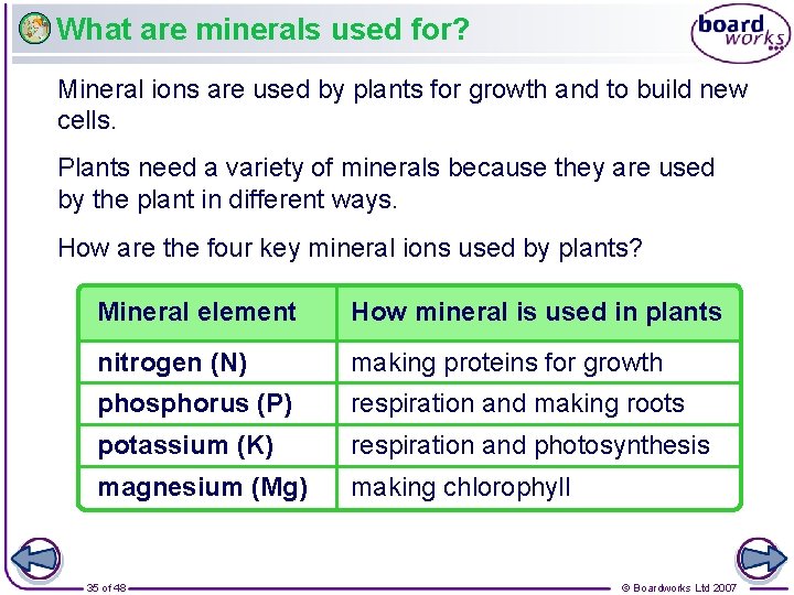 What are minerals used for? Mineral ions are used by plants for growth and