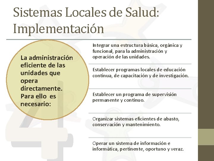 Sistemas Locales de Salud: Implementación 4 La administración eficiente de las unidades que opera