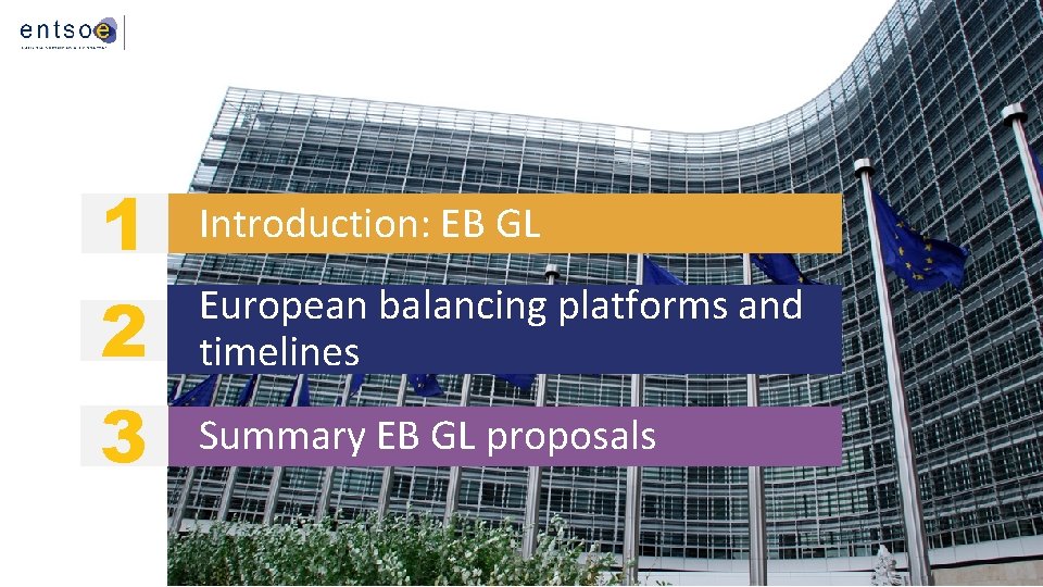 1 2 3 Introduction: EB GL European balancing platforms and timelines Summary EB GL