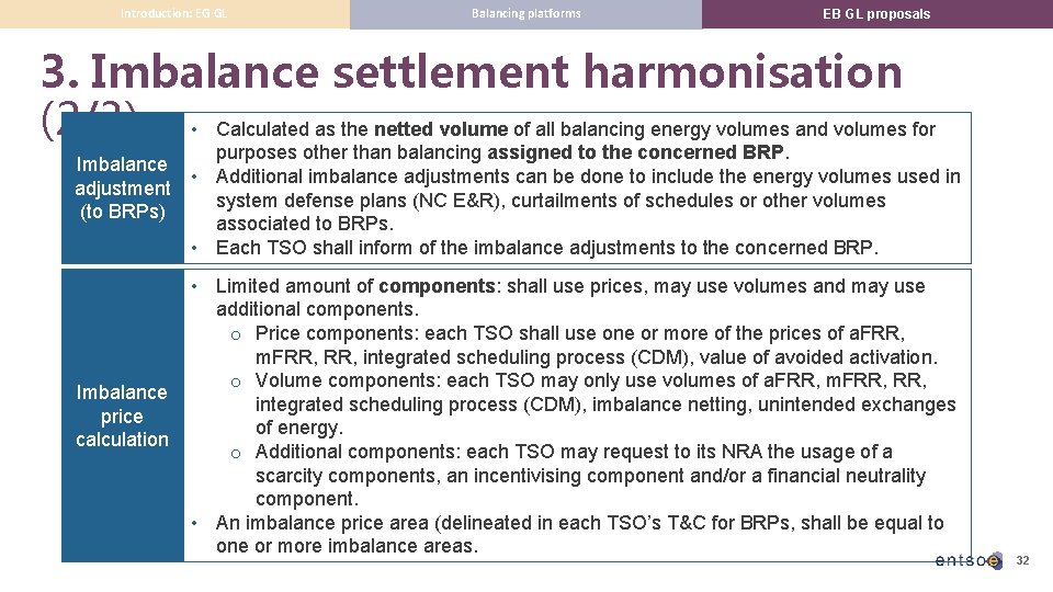 Introduction: EG GL Balancing platforms EB GL proposals 3. Imbalance settlement harmonisation (2/3) •