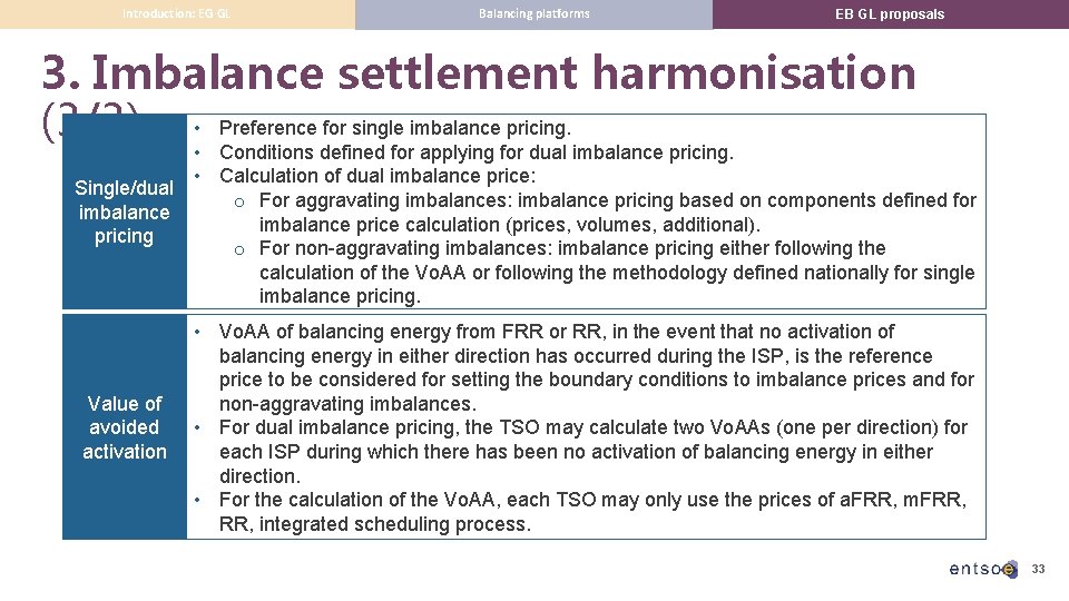 Introduction: EG GL Balancing platforms EB GL proposals 3. Imbalance settlement harmonisation for single