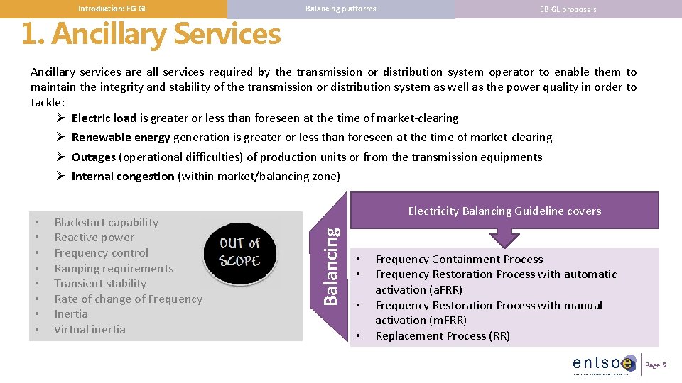 Introduction: EG GL Balancing platforms 1. Ancillary Services EB GL proposals Ancillary services are