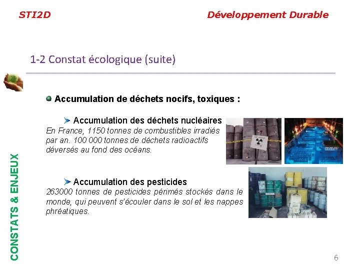 STI 2 D Développement Durable 1 -2 Constat écologique (suite) Accumulation de déchets nocifs,