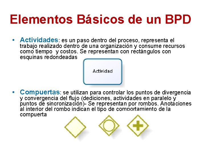 Elementos Básicos de un BPD • Actividades: es un paso dentro del proceso, representa