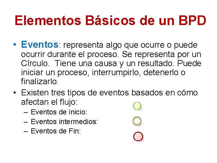 Elementos Básicos de un BPD • Eventos: representa algo que ocurre o puede ocurrir