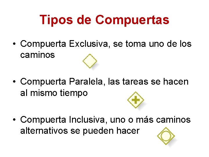 Tipos de Compuertas • Compuerta Exclusiva, se toma uno de los caminos • Compuerta