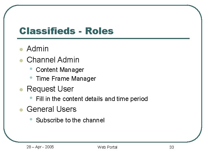 Classifieds - Roles l l Admin Channel Admin • • Content Manager Time Frame