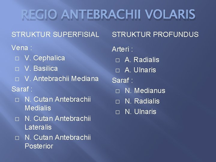REGIO ANTEBRACHII VOLARIS STRUKTUR SUPERFISIAL STRUKTUR PROFUNDUS Vena : � V. Cephalica � V.