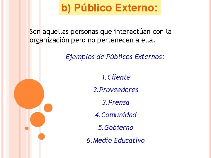 b) Público Externo: Son aquellas personas que interactúan con la organización pero no pertenecen