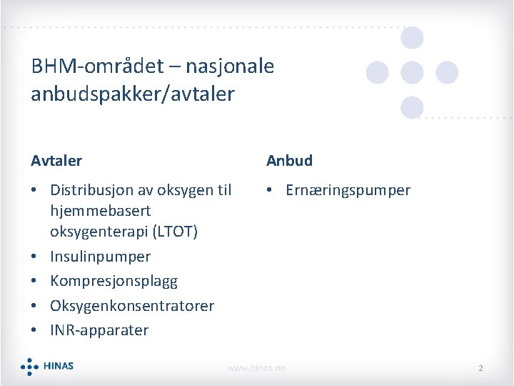 BHM-området – nasjonale anbudspakker/avtaler Anbud • Distribusjon av oksygen til hjemmebasert oksygenterapi (LTOT) •