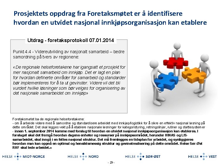 Prosjektets oppdrag fra Foretaksmøtet er å identifisere hvordan en utvidet nasjonal innkjøpsorganisasjon kan etablere