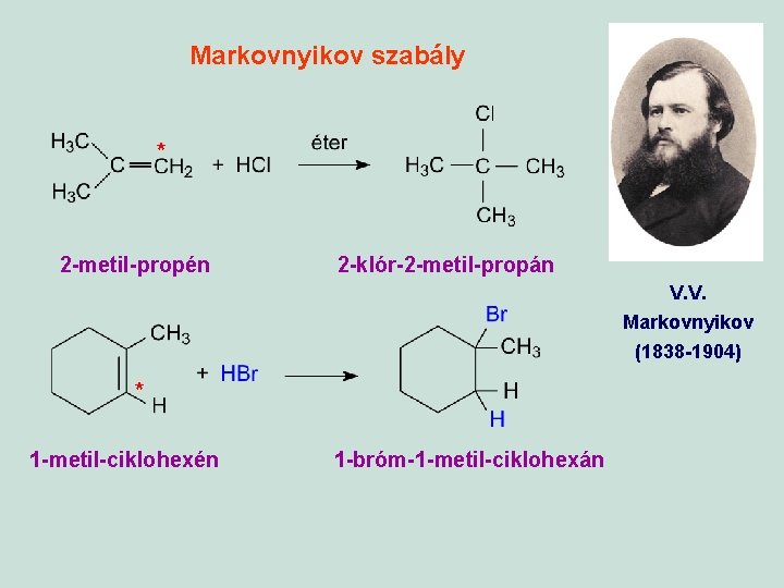 Markovnyikov szabály * 2 -metil-propén 2 -klór-2 -metil-propán V. V. Markovnyikov (1838 -1904) *