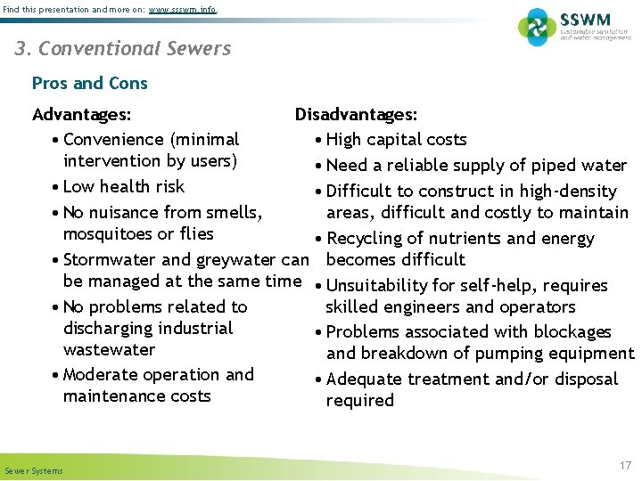 Find this presentation and more on: www. ssswm. info. 3. Conventional Sewers Pros and