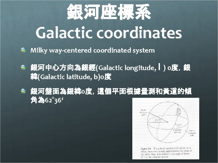 銀河座標系 Galactic coordinates Milky way-centered coordinated system 銀河中心方向為銀經(Galactic longitude, l ) 0度，銀 緯(Galactic latitude,