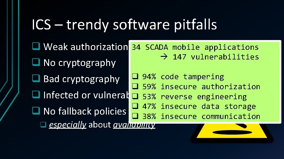 ICS – trendy software pitfalls q Weak authorization 34 q No cryptography SCADA mobile