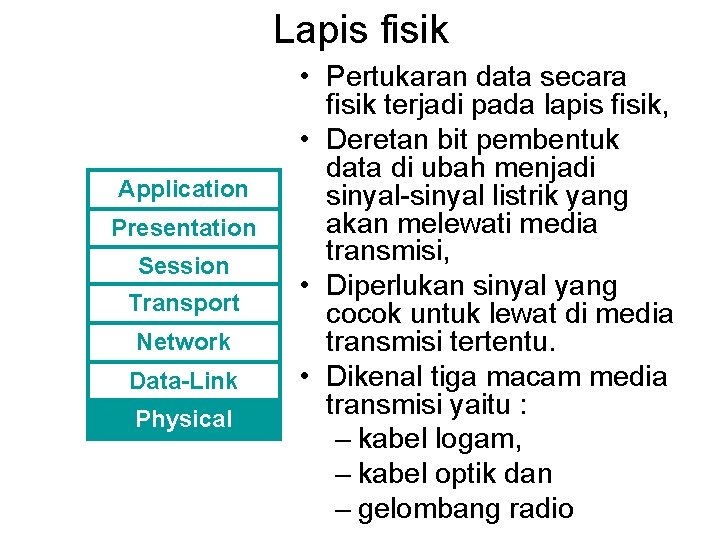 Lapis fisik Application Presentation Session Transport Network Data-Link Physical • Pertukaran data secara fisik