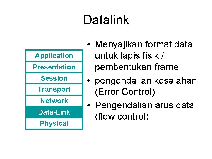 Datalink Application Presentation Session Transport Network Data-Link Physical • Menyajikan format data untuk lapis