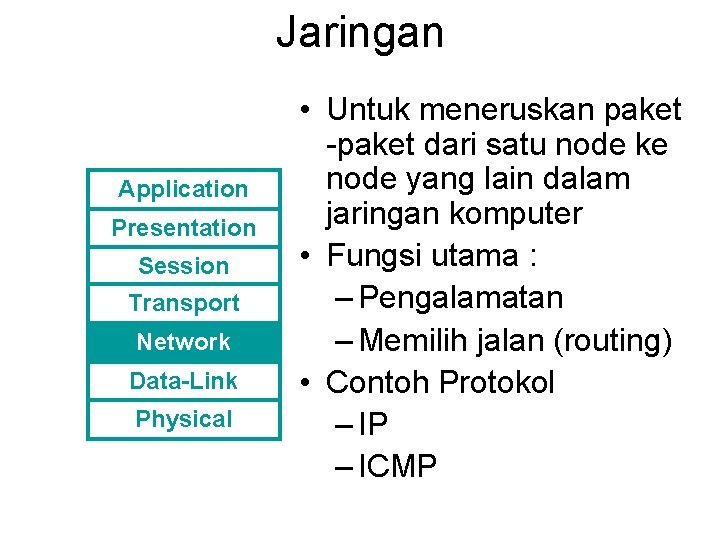 Jaringan Application Presentation Session Transport Network Data-Link Physical • Untuk meneruskan paket -paket dari