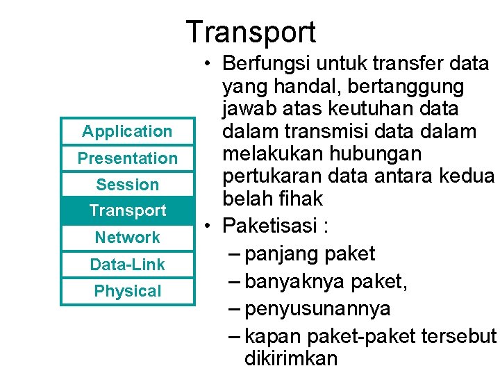 Transport Application Presentation Session Transport Network Data-Link Physical • Berfungsi untuk transfer data yang
