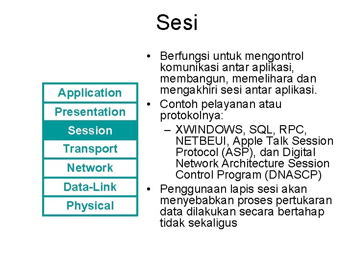 Sesi Application Presentation Session Transport Network Data-Link Physical • Berfungsi untuk mengontrol komunikasi antar