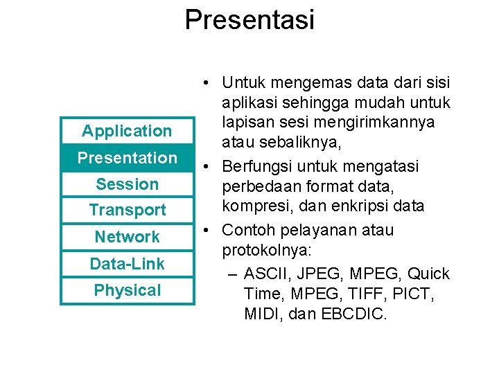 Presentasi Application Presentation Session Transport Network Data-Link Physical • Untuk mengemas data dari sisi