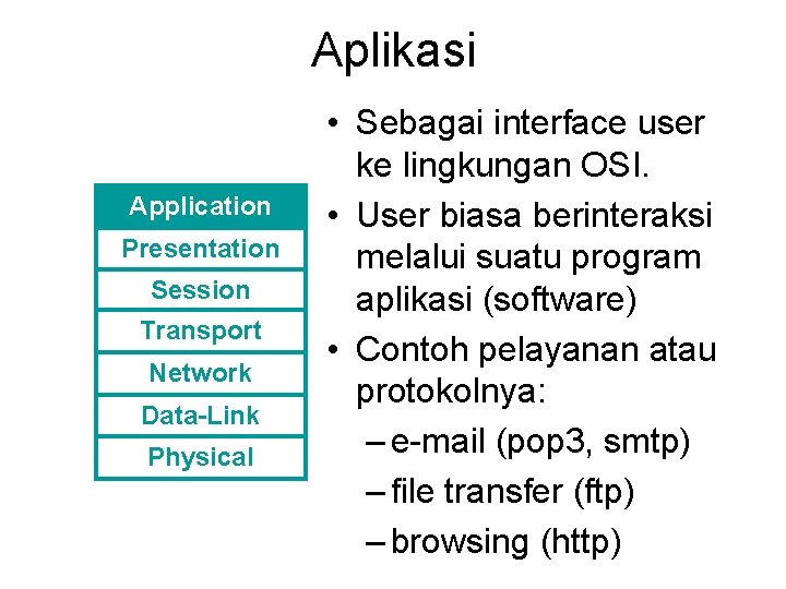 Aplikasi Application Presentation Session Transport Network Data-Link Physical • Sebagai interface user ke lingkungan